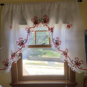 Collections Etc. White Swag Curtains with Embroidered Red Candy Cane Design